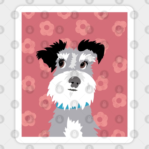 Salt and Pepper Miniature Schnauzer on Pink Daisy Background Sticker by NattyDesigns